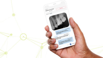 Hand holding a smartphone displaying a dental X-ray and patient communication screen, illustrating DS Core for Endo digital workflow on a light network background.