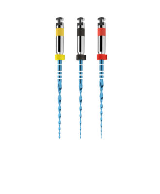 Three Reciproc Blue endodontic files with heat-treated NiTi alloy and color-coded handles.