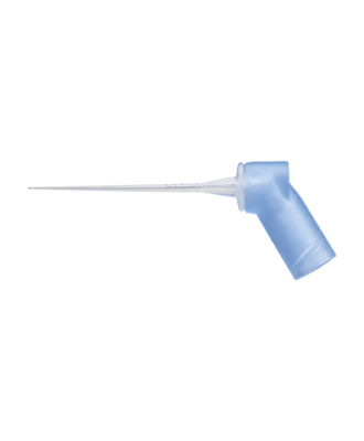  Irrigation needle from Dentsply Sirona, featuring a long tip and blue plastic attachment.