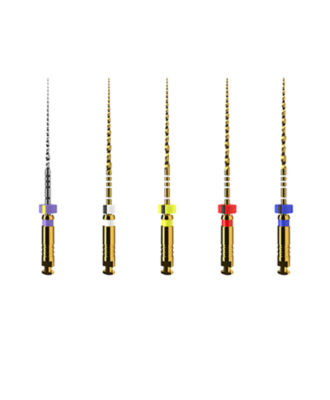 Set of six gold-colored endodontic files with multicolored handles.