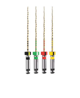 Set of four slim endodontic files with color-coded handles in green, red, and yellow.
