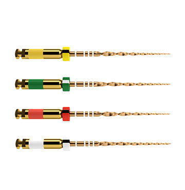 Four WaveOne Gold endodontic files in different sizes with colored handles, displayed vertically against a gradient background.