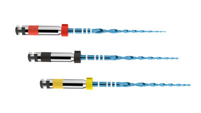 Three Reciproc® Blue endodontic files with red, black, and yellow color-coded handles, indicating different sizes and taper options for root canal shaping.