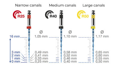 Diagram showing Reciproc® endodontic file sizes—R25 for narrow canals, R40 for medium canals, and R50 for large canals—with corresponding measurements.