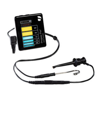 Propex Pixi Apex Locator device with color-coded digital display and attached probe cables on a gray background.