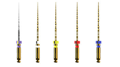 Set of ProTaper Ultimate rotary files with color-coded handles arranged vertically on a white background.