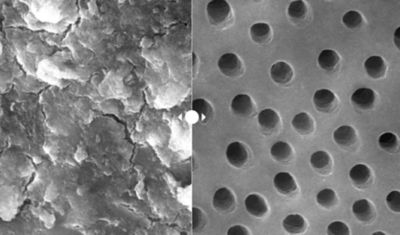 Microscopic view of dentinal tubules showing the effect of irrigant activation.