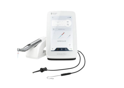 Set of endodontic instruments including a blue rotary file, pink obturator, and gutta-percha point, representing a comprehensive treatment solution.