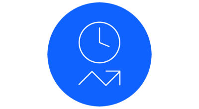 Clock with upward arrow, representing faster, more efficient workflows.