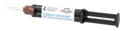 Calibra Universal resin cement syringe shown on a gradient background.