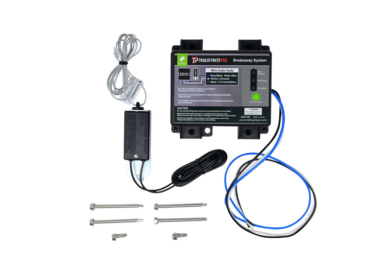 Dexter BA10-150 trailer breakaway system kit with battery box, switch, and hardware.