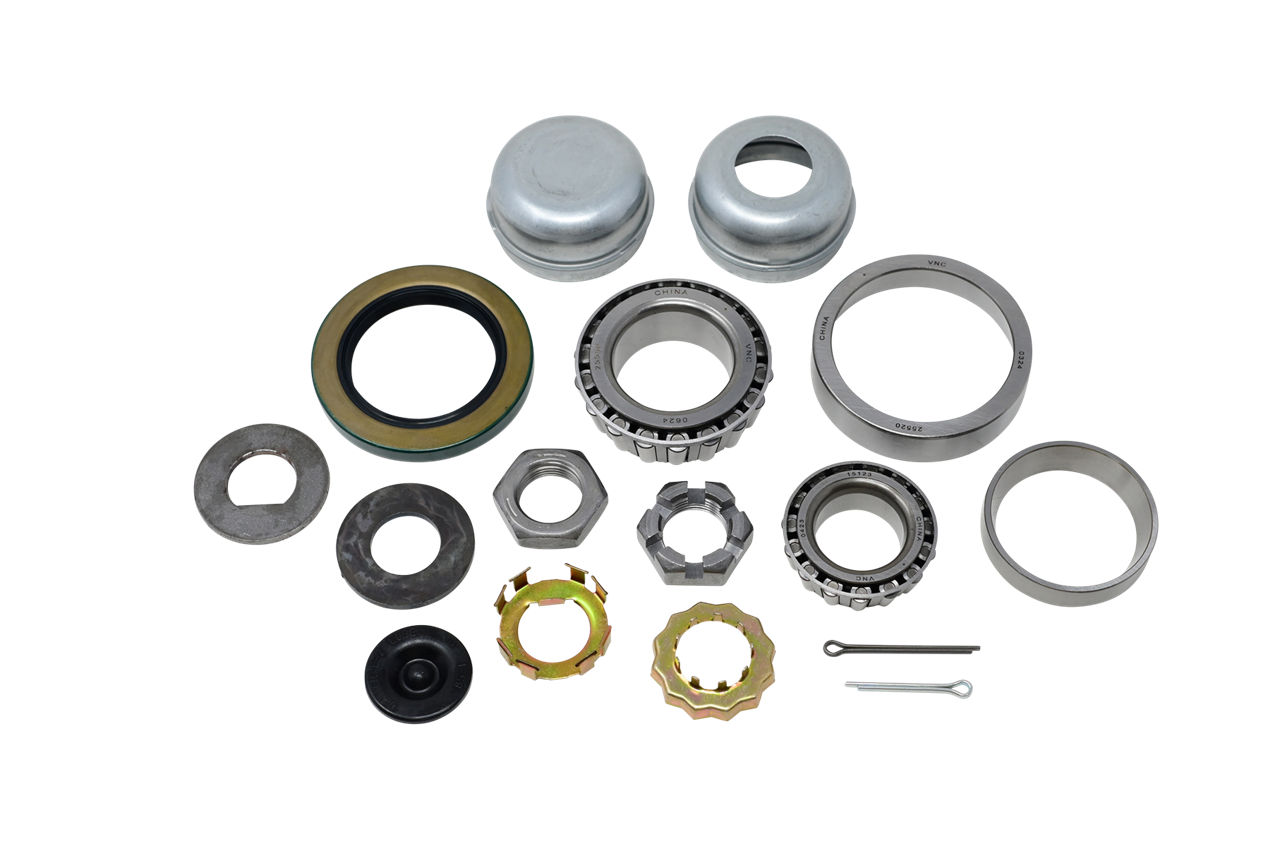 Trailer hub bearing and seal kit including bearings, races, caps, seals, and hardware.