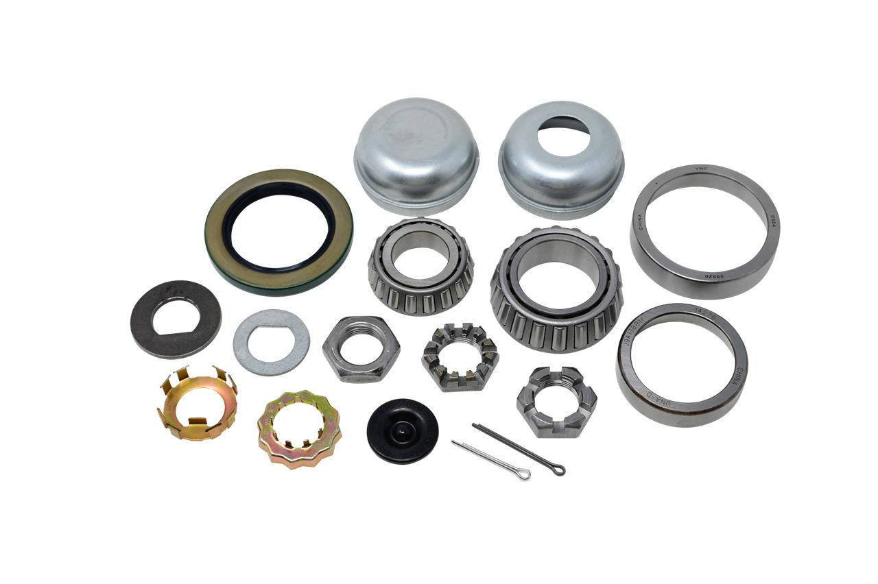 Trailer hub bearing and seal kit including bearings, races, caps, seals, and hardware.
