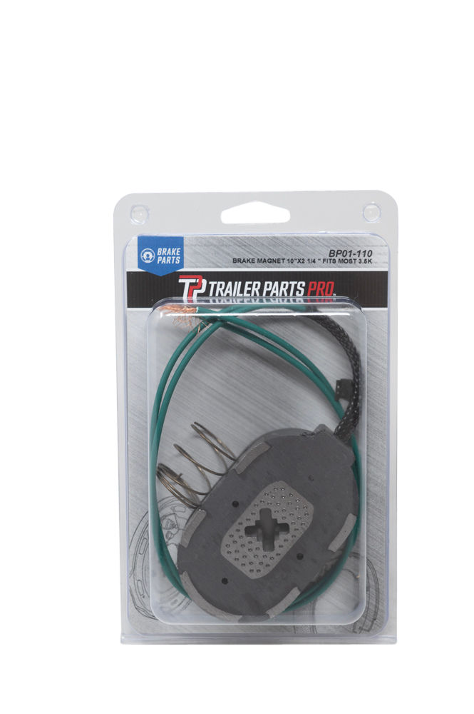 Dexter BP01-110 trailer brake magnet with green wires and a spring in a clear retail blister pack.