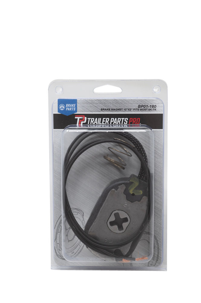 Dexter BP01-180 trailer brake magnet with two black wires and a coil spring in retail pack.