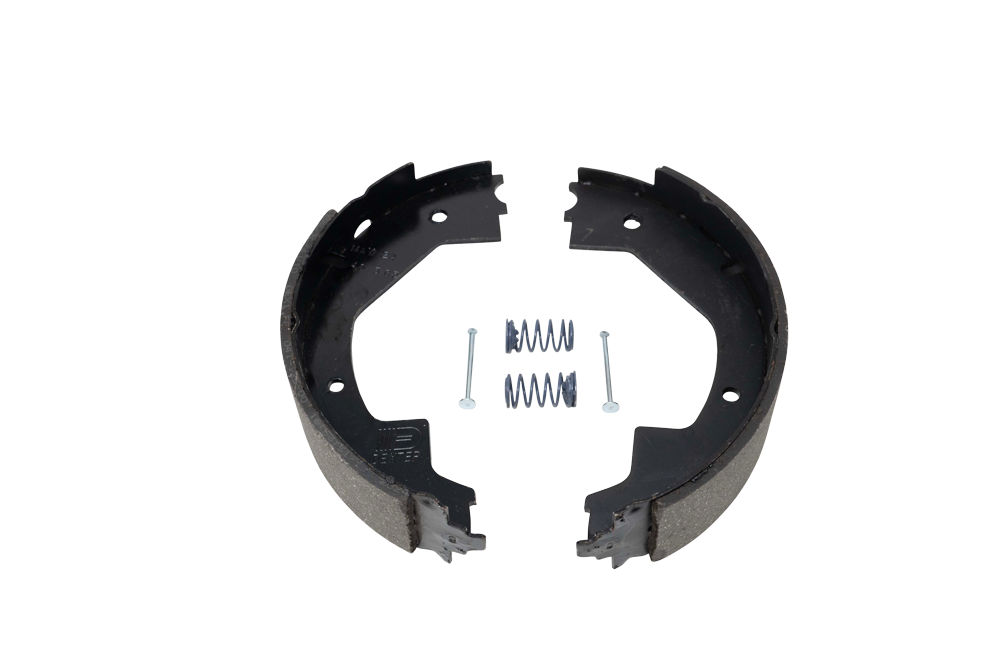 Dexter BP04-095 trailer brake shoe kit with replacement shoes, hold down pins, and springs.