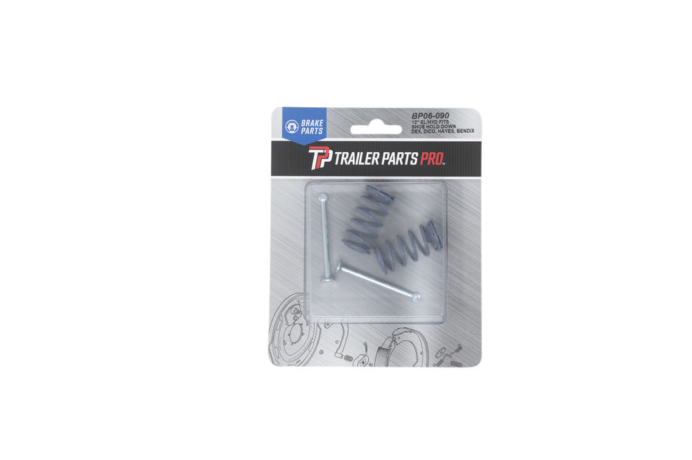 Dexter BP06-090 trailer brake shoe hold down kit with two springs and two pins in retail pack.