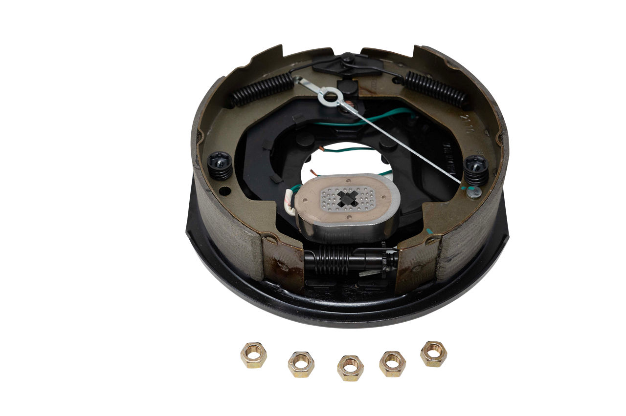 Dexter EB01-107 right-hand electric brake assembly with mounting hardware.