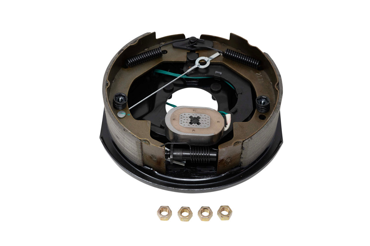 Dexter EB01-108 left-hand electric brake assembly with mounting hardware.