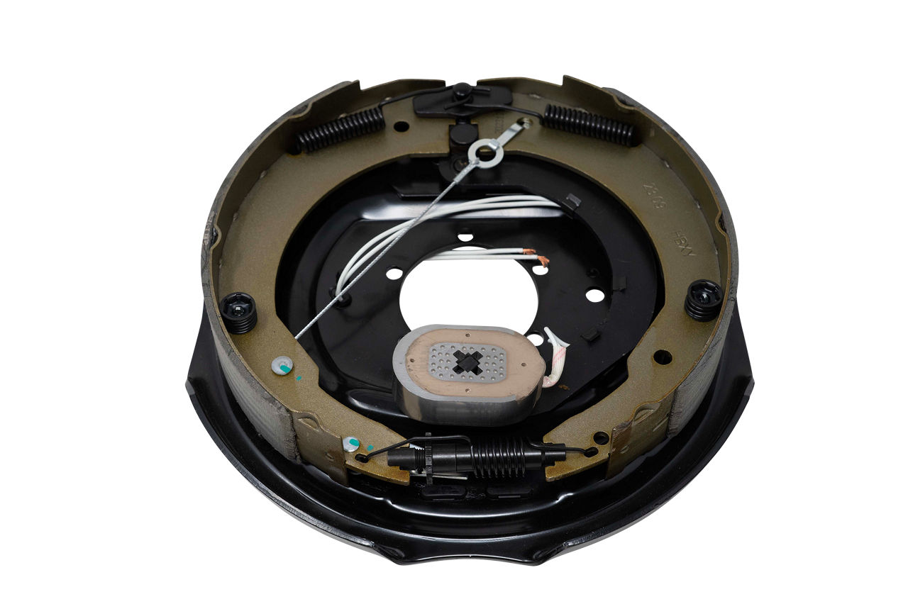 Dexter EB01-128 left-hand electric brake assembly with mounting hardware.