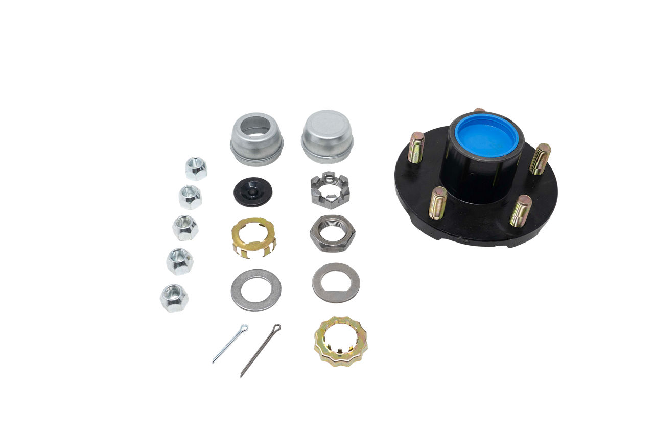 Dexter H34822545BX trailer hub kit with 5-on-4.5 bolt pattern, nuts, caps, and hardware.