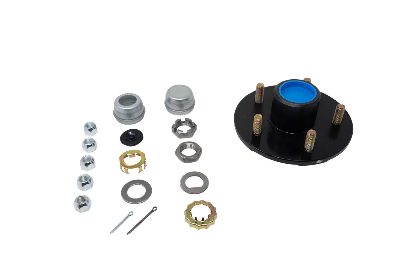 Dexter H84550BX trailer hub kit with 5-on-5 bolt pattern, nuts, caps, and hardware.