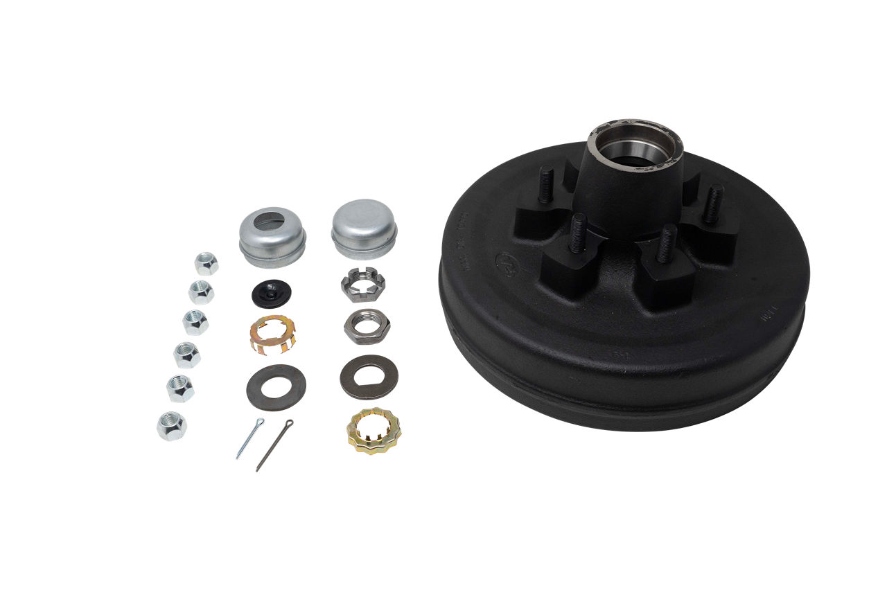 Dexter trailer hub and brake drum with studs, lug nuts, and hardware