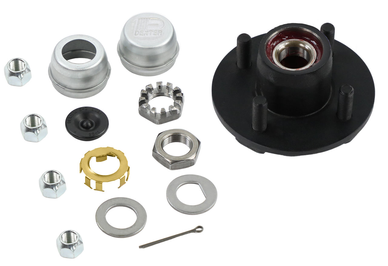 Dexter K08-091-1G trailer hub kit with studs, grease cap, castle nut, washers, and hardware