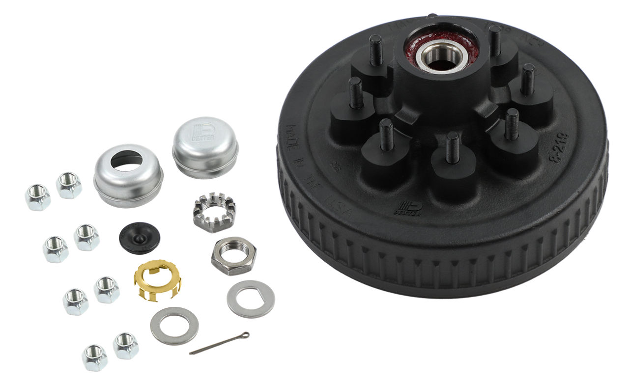 Dexter K08-219-1G trailer brake drum and hub kit with bearings, cap, nuts, washer, pin