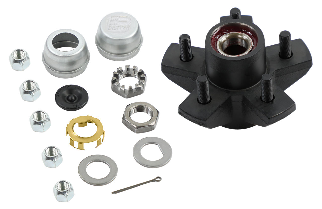Dexter K08-248-1G trailer hub kit with studs, castle nut, washers, grease cap, and nuts