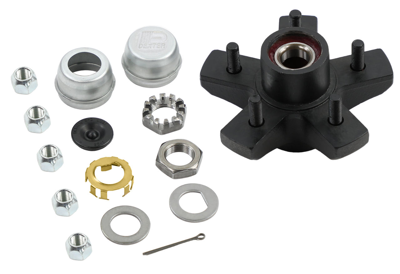 Dexter K08-256-1G trailer hub kit with bearings, grease cap, nuts, washer, and pin