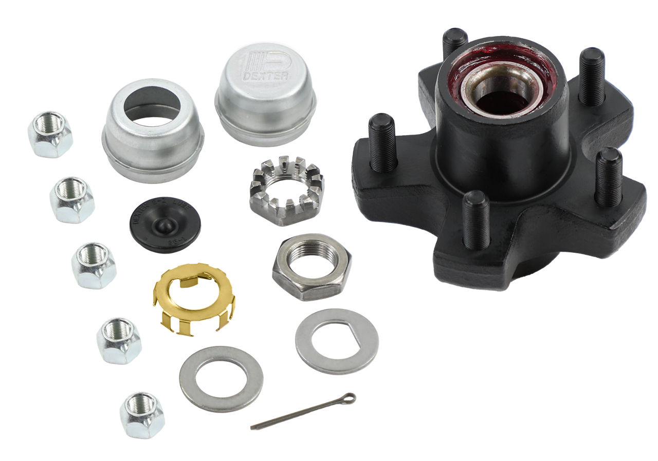Dexter K08-259-1G trailer hub kit with studs, bearings, grease cap, nut, washer, pin