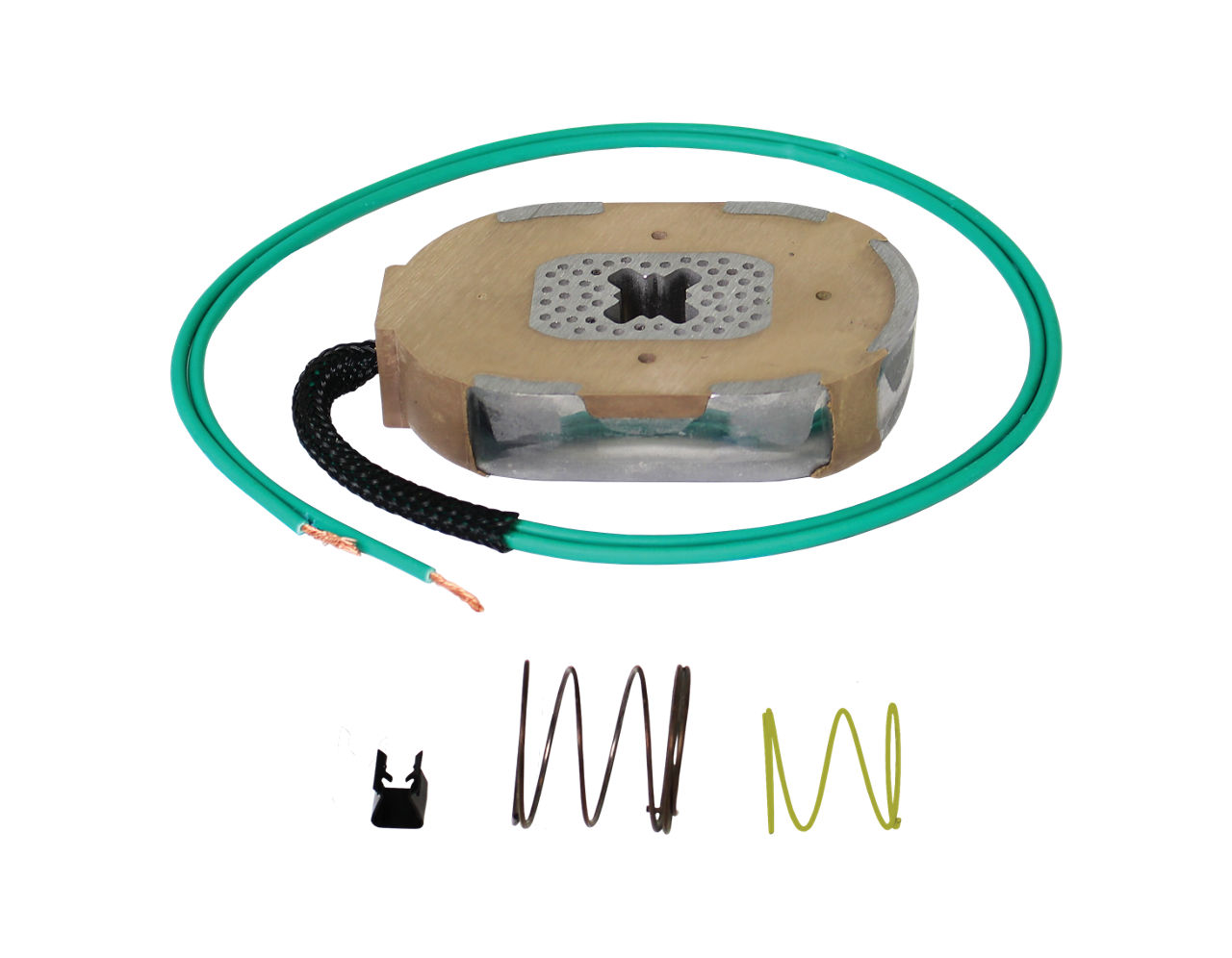 Dexter K71-104-00 electric trailer brake magnet with wiring lead, clip, and spring parts