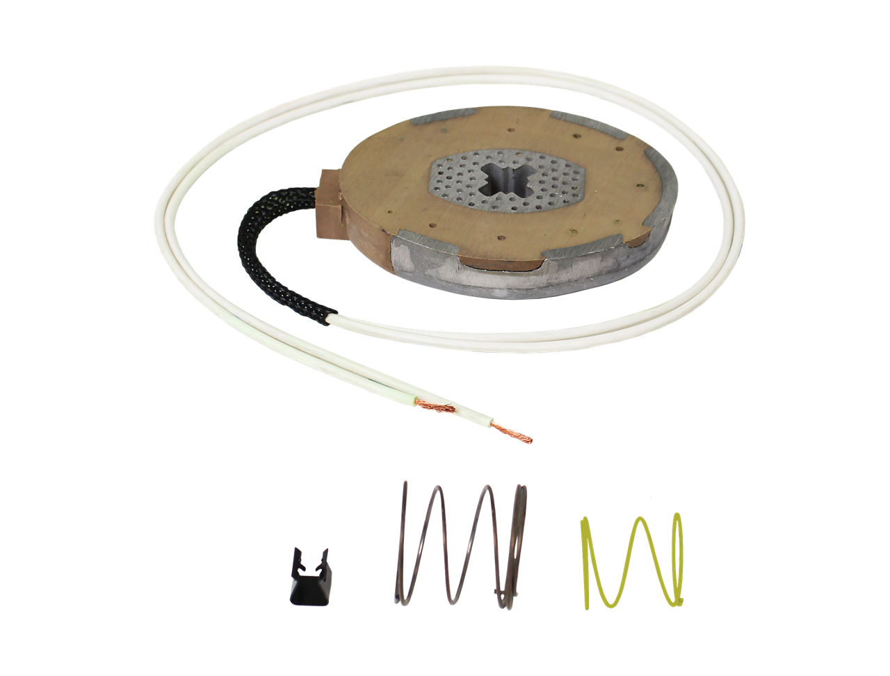 Dexter K71-105-00 electric trailer brake magnet with wire lead, clip, and spring components