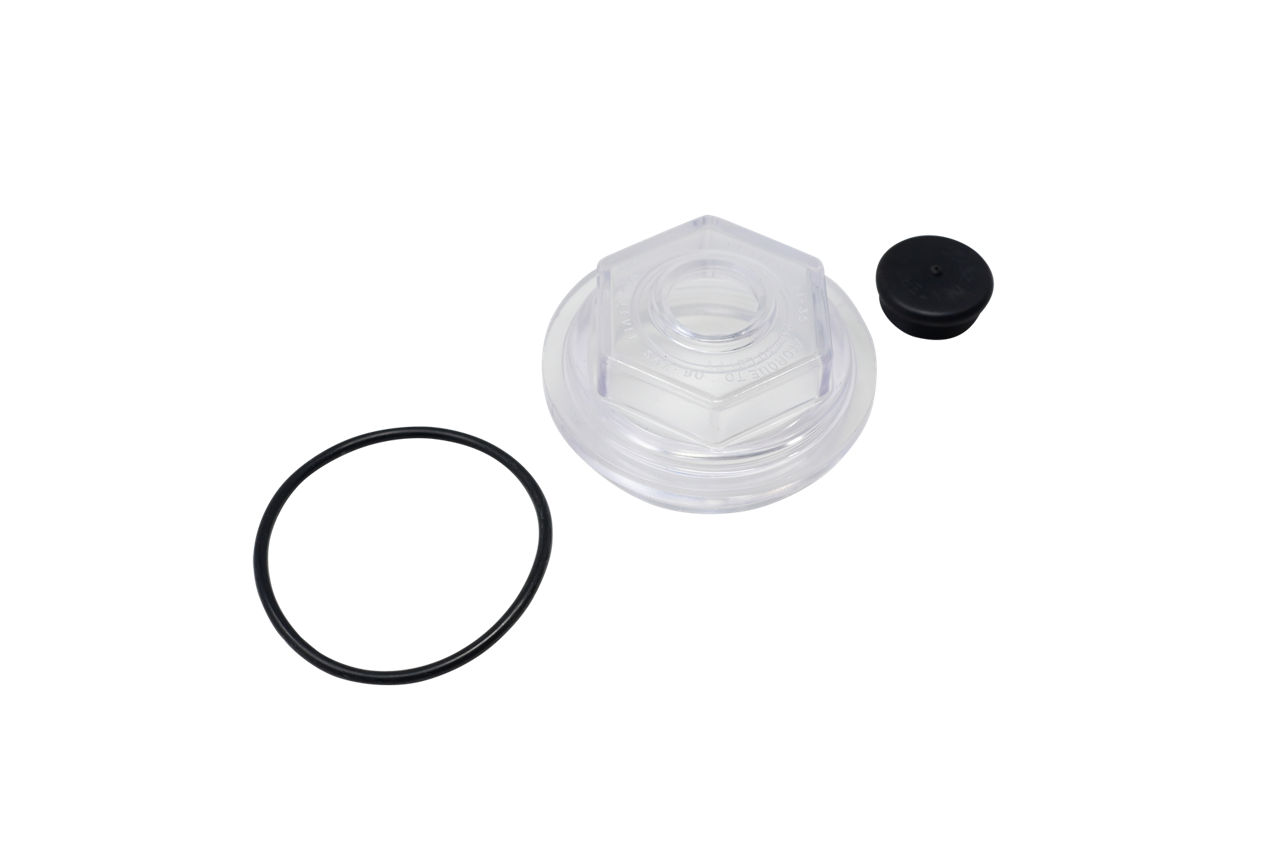 Dexter RG04-230 trailer hub oil cap kit with clear polycarbonate cap, O-ring, and plug.