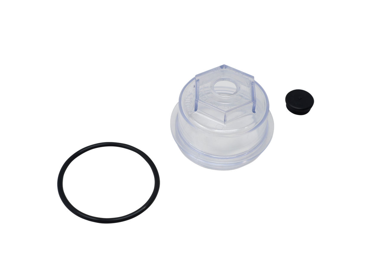 Dexter RG04-250 trailer hub oil cap kit with clear polycarbonate cap, O-ring, and plug.