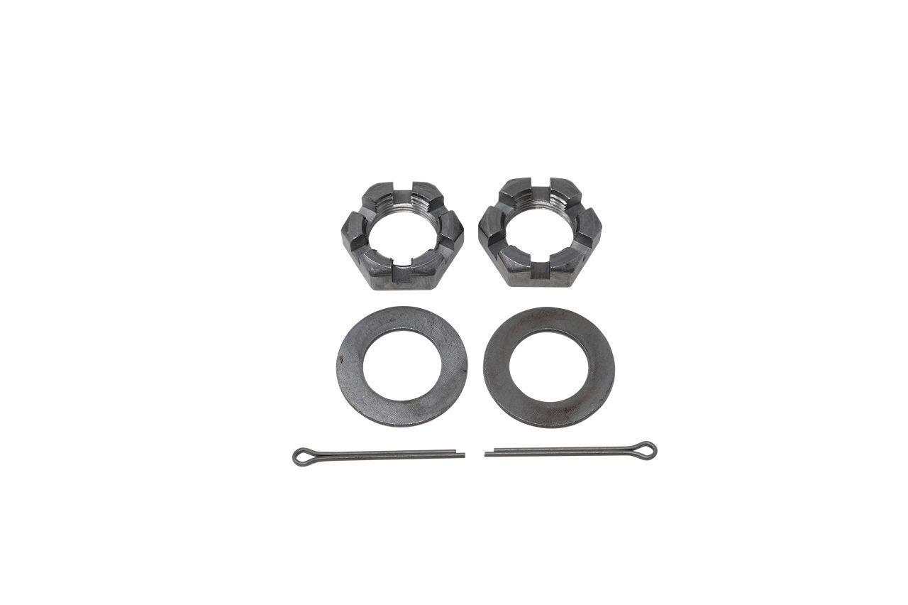 Pair of Dexter RG05-080 trailer spindle nut kits with castle nuts, washers, and cotter pins.