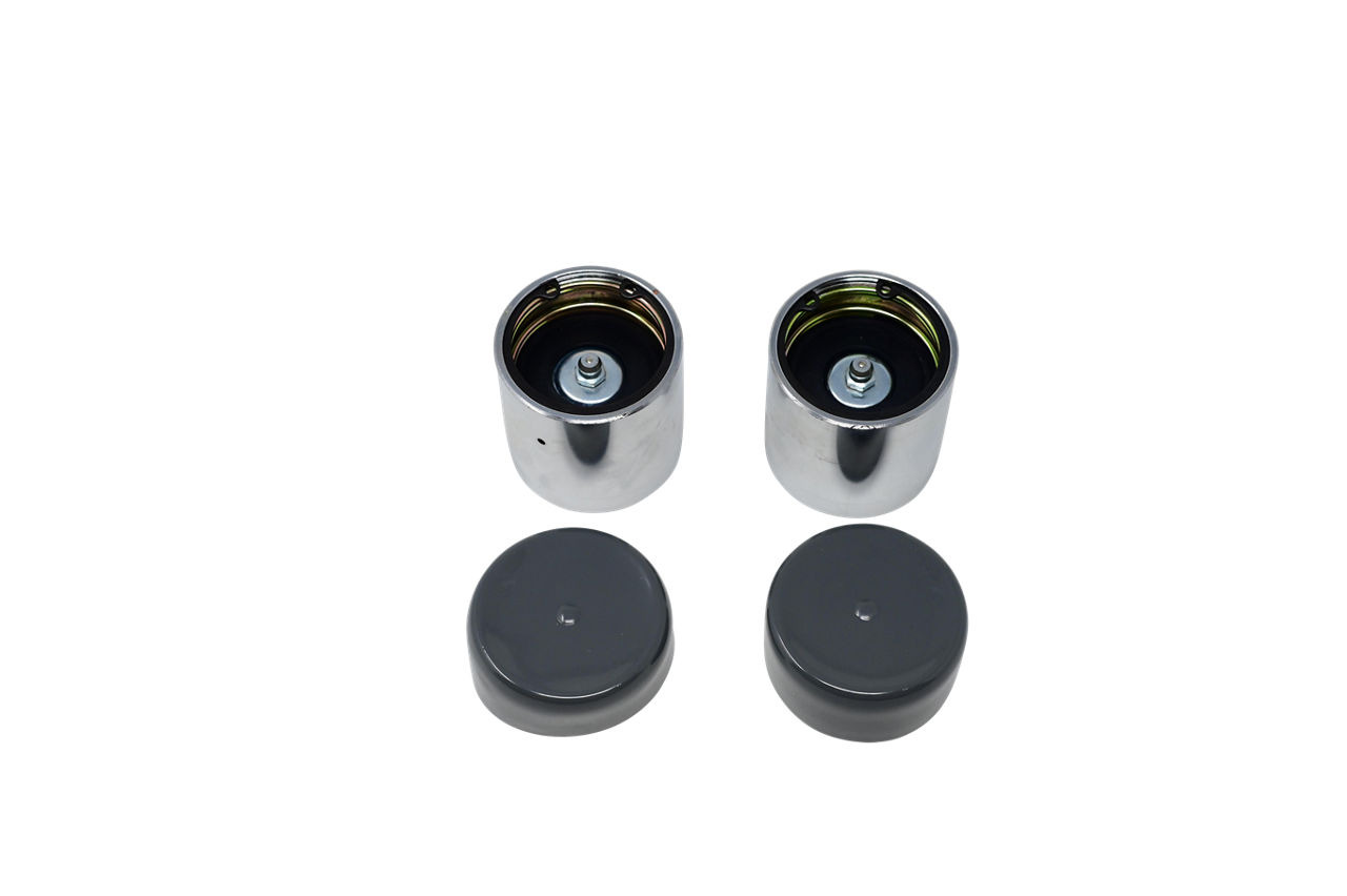 Dexter RG07-040 E-Z Lube chrome hub caps with grease fittings and rubber plugs, pair of two.
