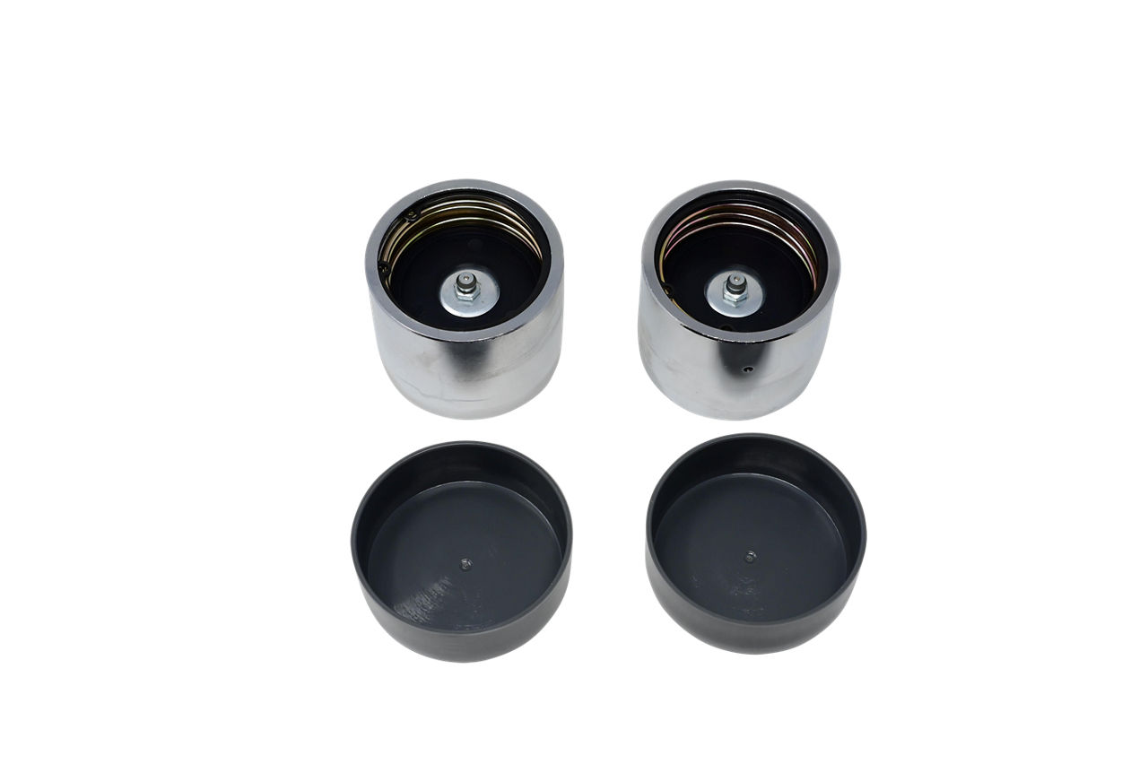 Dexter RG07-050 E-Z Lube chrome hub caps with grease fittings and rubber plugs, pair of two.