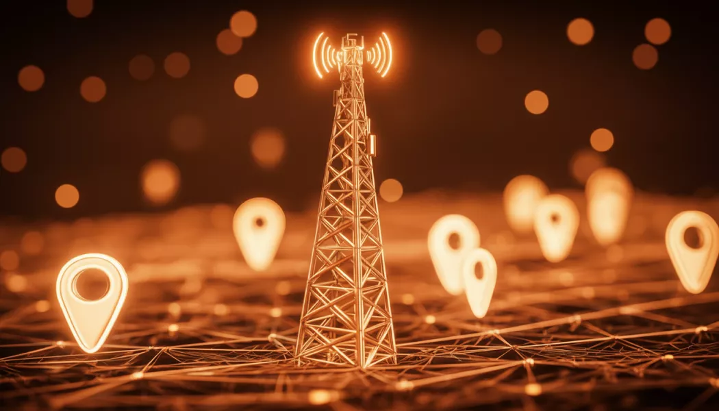 Glowing cell tower emitting signal waves.