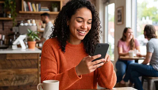 A smiling woman sitting in a coffee shop looking at her smartphone