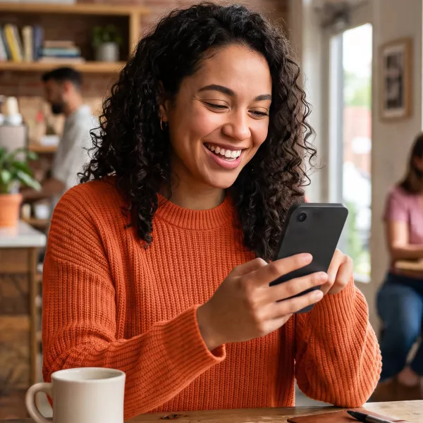 A smiling woman sitting in a coffee shop looking at her smartphone