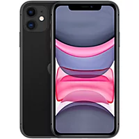 Vista frontal y posterior del iPhone 11 que muestra la pantalla frontal con un fondo rosa y gris y la parte posterior del teléfono