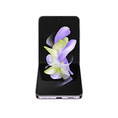 Samsung Galaxy z flip 4 front view half folded with high resolution flower background
