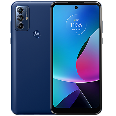 Front and back view of Moto G Play. Front screen shows weather, time and date with a blue background. Back view shows three vertically stacked cameras in the upper left with Motorola logo in upper middle.