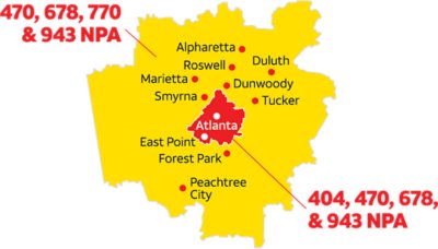 Yellow map of Georgia for the new area code overlay. There are red spots indicating cities and the new area codes. In bold red, the area codes are listed. 