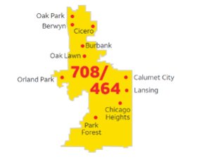 Yellow map of Illinois for the new area code overlay. There are red spots indicating the cities and the new area codes. In bold red, the area codes are listed. 