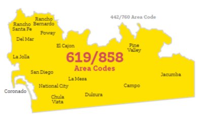 Yellow map for the area code 619/ 858 with approved area code overlay. The map labels the cities that have the approved area codes. In bold red, the area codes are listed. 
