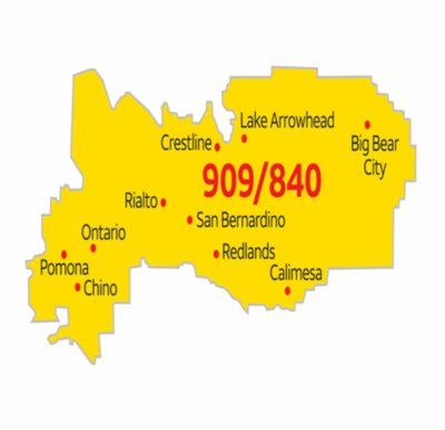Yellow map of the approved area code overlay for area code 909. There are red spots are labeling the cities that have the approved area codes. In bold red, the area codes are listed. 