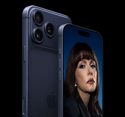 Blue iPhone 17 Pro, front and back views.